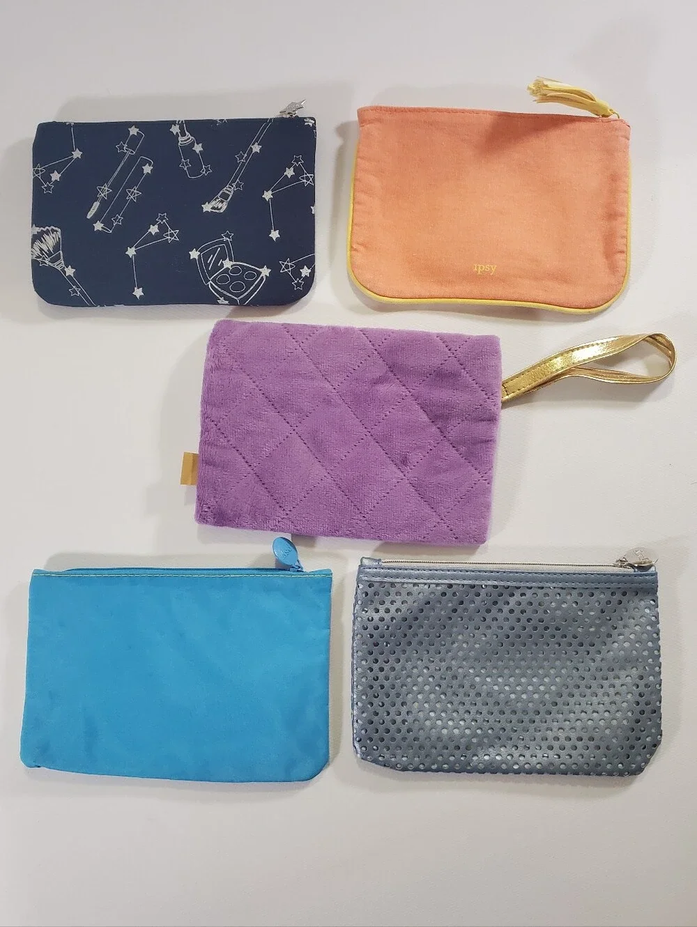 🟢 IPSY Bags Set of 5 Assorted Cosmetic Bags Constellation Peach Velvet Floral